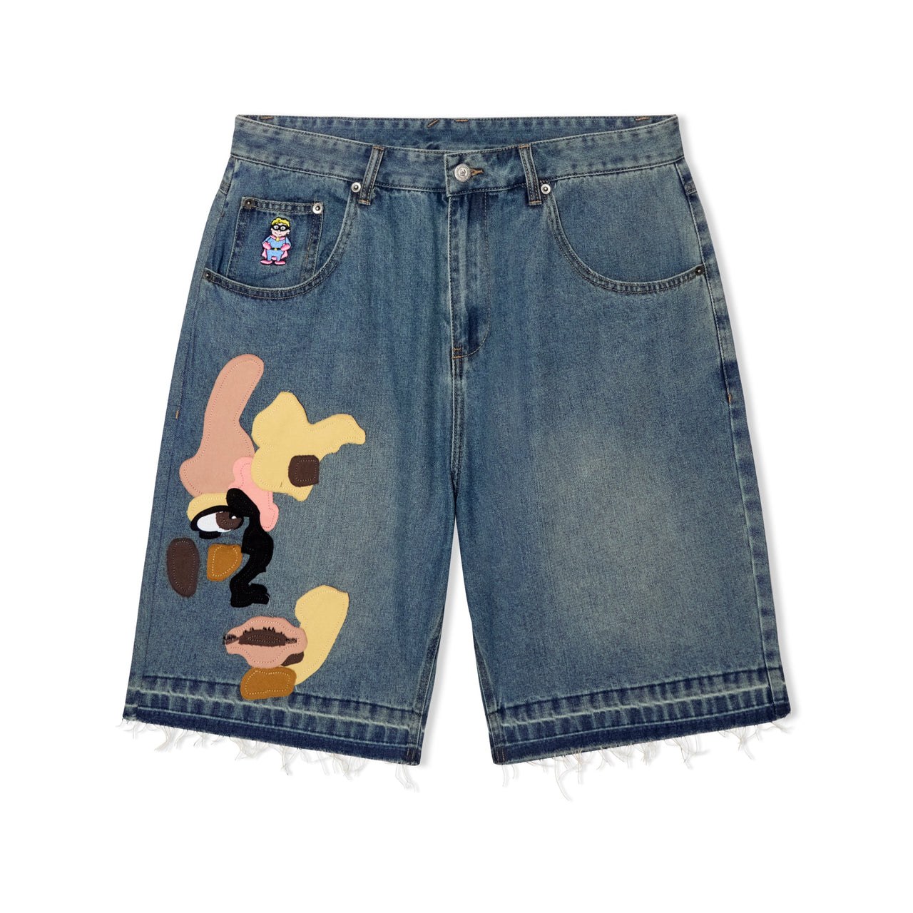 [Blue-Denim] Face Patchwork Baggy Light Wash Jean Shorts