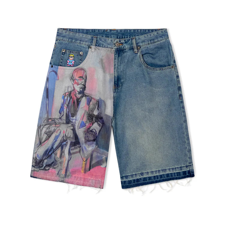 [Blue-Denim] Painted Panel Light Wash Jean Shorts