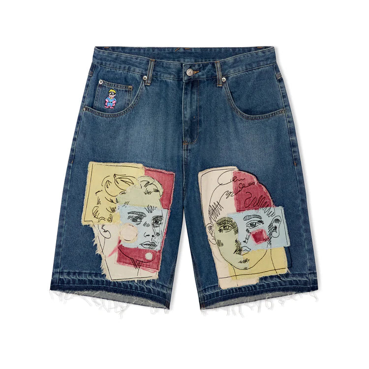 [Blue-Denim] Boy & Girl Doodles Patchwork Baggy Dark Wash Jean Shorts