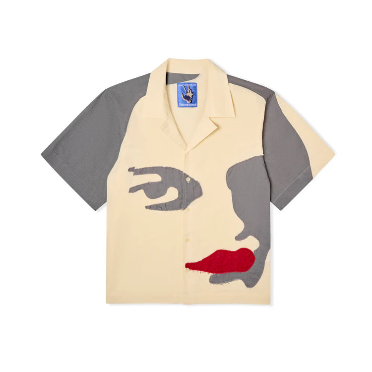 [Cream-Grey] Patchwork face linen Camp Shirt