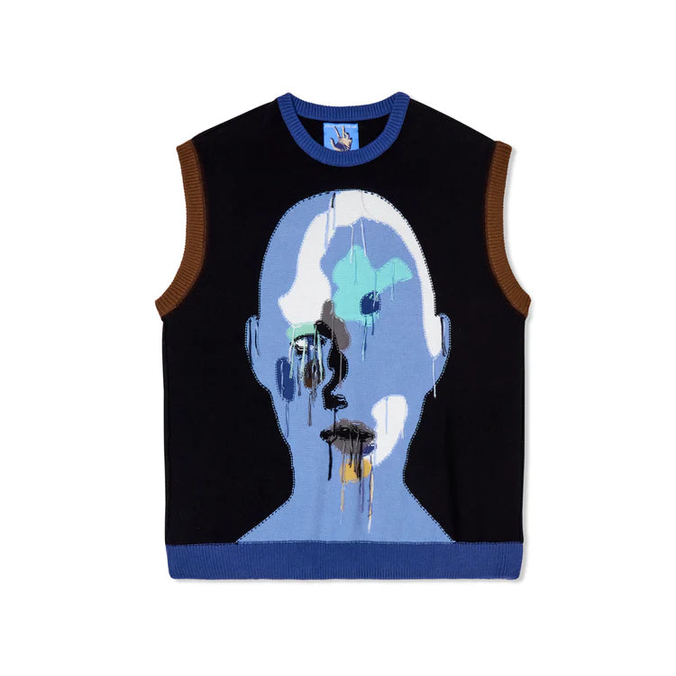 [Blue/Multi] Reverse Knit patchwork Face Sweater Vest