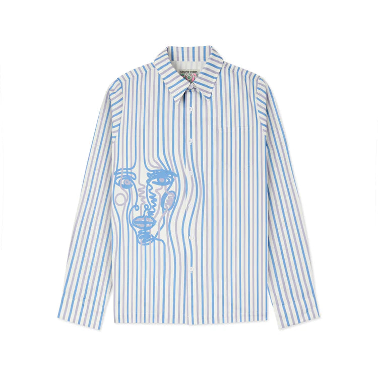 [White-Blue] Striped Face Button Up Shirt
