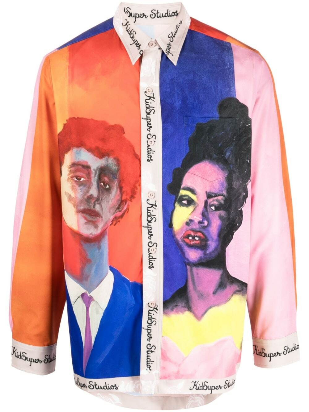 [Multicolor] Boy And Girl Painted Portrait Button Down Shirt