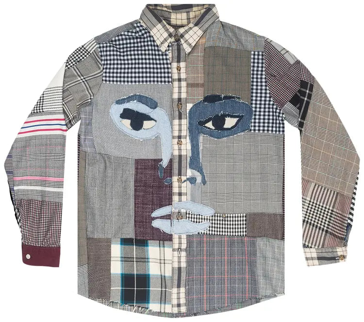 [Grey] Patchwork Stitched Pattern Face Button Up