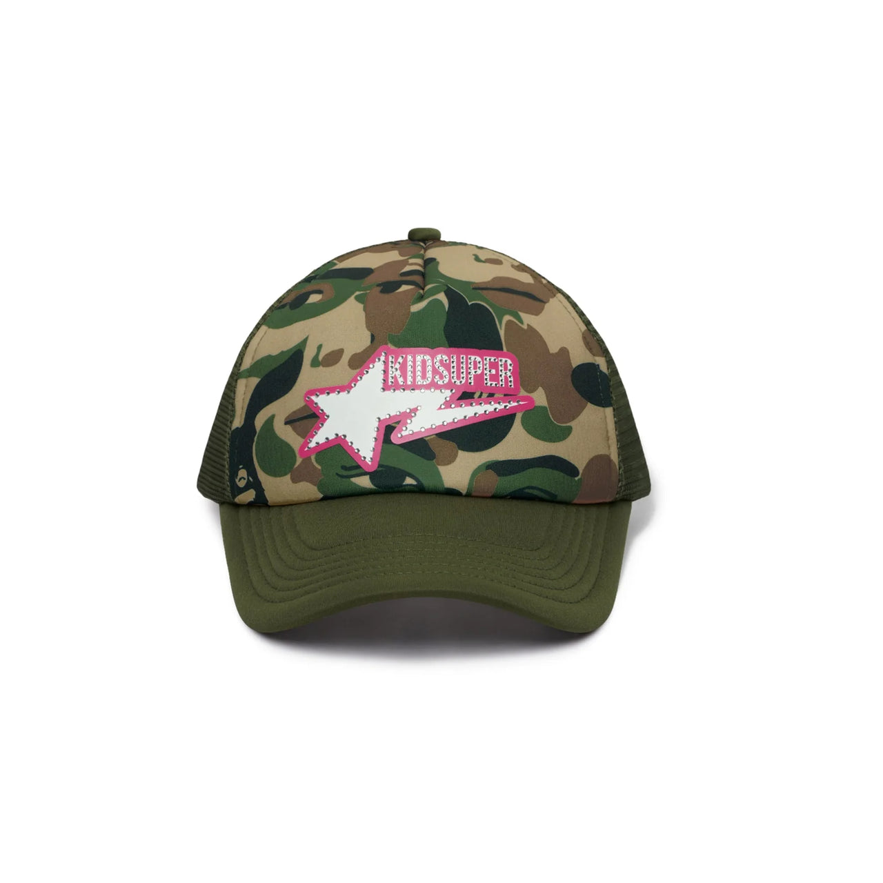 [Green/CAMO] BAPE X KIDSUPER BAPE STA LOGO RHINESTONE TRUCKER HAT