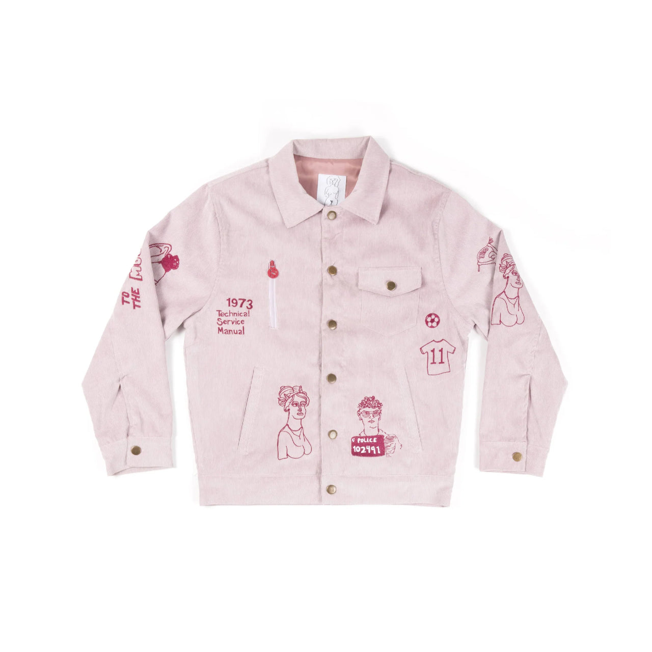 [PINK-GREY] Embroidery Doodle Cord Jacket