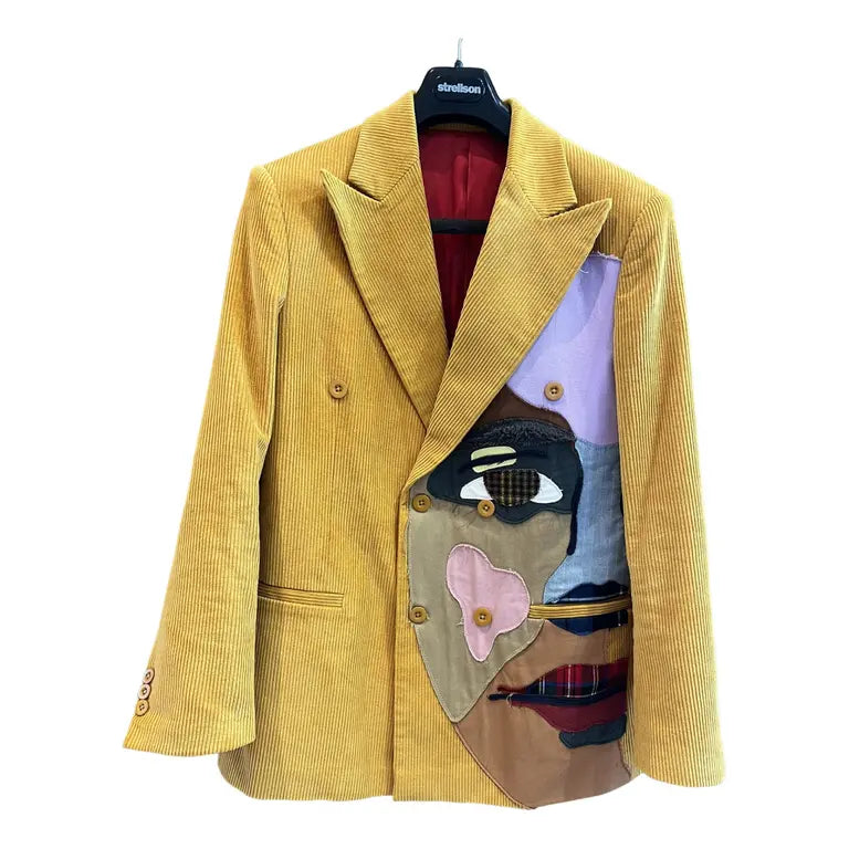 [Yellow] Corduroy Faces Graphic Print Suit Top
